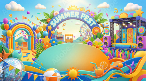 Summer Fest Celebration Setup With Colorful Decorations and Fun Activities in...