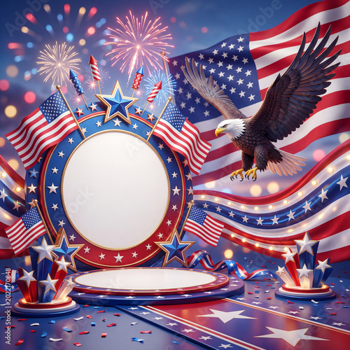 Celebration Details With Flags, Eagle, and Fireworks for July Fourth Event or...