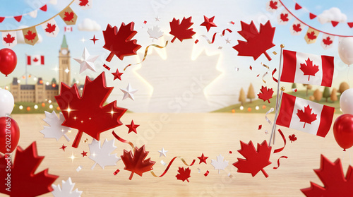 Canada Day Celebration With Flags, Leaves, and Decorations in a Festive Setting