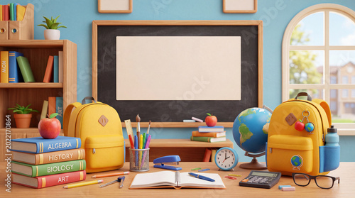 A Classroom Shows a Backpack Next to Books on Subjects Like Math and Science