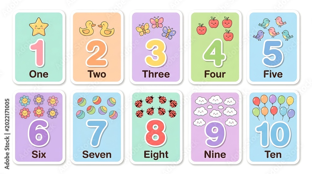Obraz premium Children's educational flashcards displaying numbers from one to ten with colorful illustrations on a white background