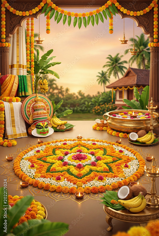 Fototapeta premium Decorative Floral Design Created for a Festival Celebration in a Garden Setting During Sunrise