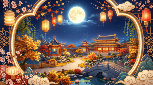 Nighttime Scene With Lanterns and Moon Over a Traditional Asian Garden