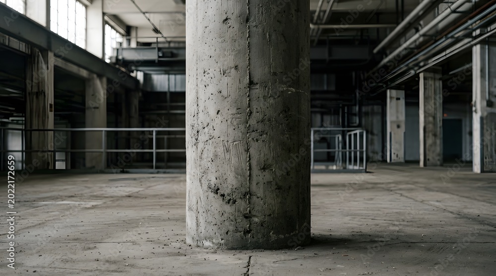 Fototapeta premium Empty Industrial Hall with Concrete Column and Grungy Floor