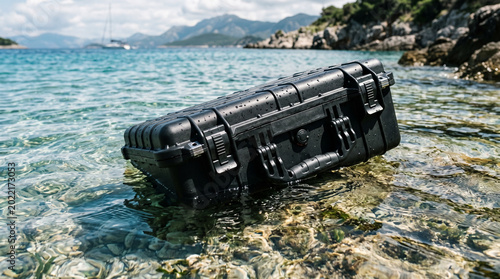 Obsidian Black Waterproof Hard Case Half Submerged In Crystal Water With Precision Latches Gear Photography