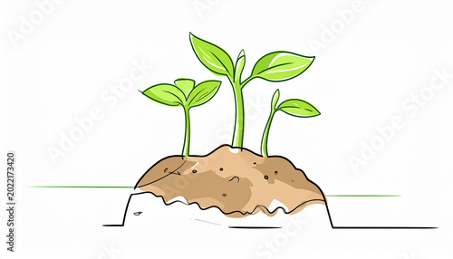 Three green seedlings emerging from a mound of brown soil with a white background