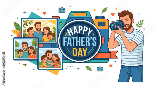 Принти на полотні Happy Father's Day: A cartoon illustration capturing a father's love with a heartfelt Father's Day greeting and camera, conveying the essence of love and appreciation