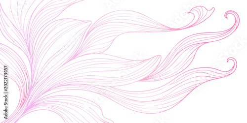 An abstract pink and purple wallpaper featuring a smooth wave pattern of flowing smoke lines, curved art elements, and a soft backdrop of feathers in a stylish vector illustration design