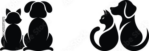 Dog and cat silhouette vector illustration, animals friends vector isolated on transparent background.