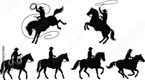 Canvas Print Set of black western cowboy silhouettes riding horses and throwing lasso in rode