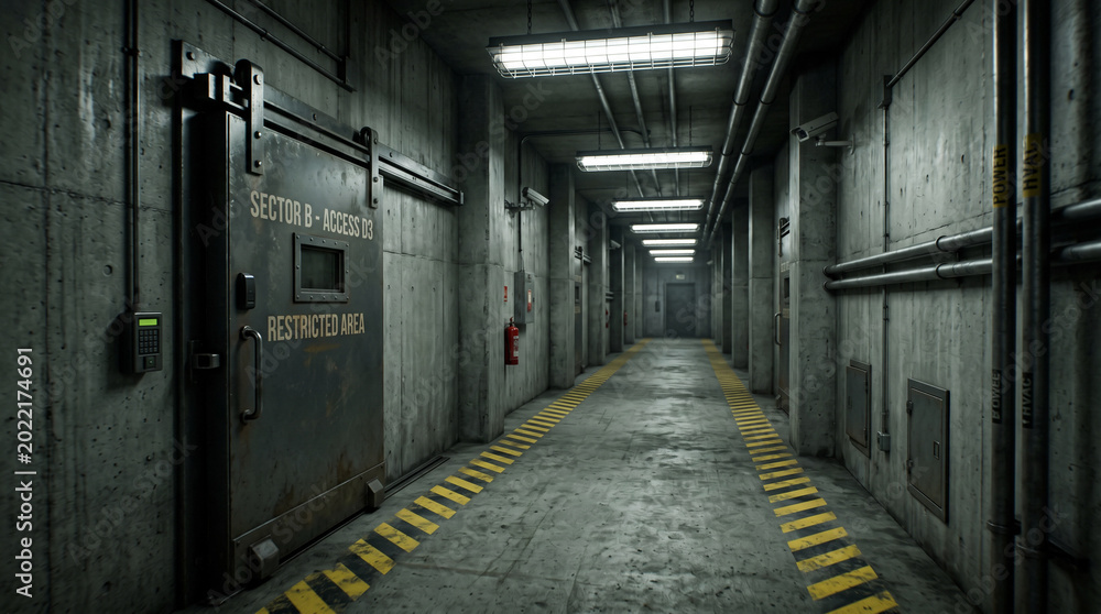 Naklejka premium Industrial Hallway In High Security Facility With Reinforced Concrete And Yellow Hazard Markings