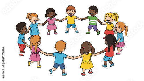 Fotografía Circle of Friends: A vibrant circle of children, representing a tapestry of cultures and backgrounds, joining hands in a joyful display of friendship and unity