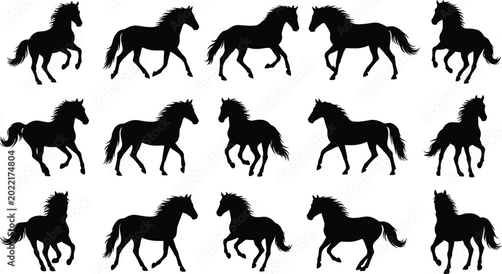 Fototapeta premium Running Horse Silhouette Collection Featuring Wild Stallion Poses for Equestrian and Western Design Illustration Set