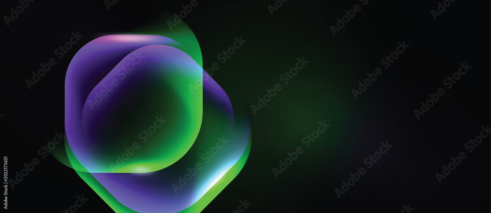 Naklejka premium Abstract glowing shapes overlap, creating vibrant purple, green hues against dark background. Soft light radiates outward.