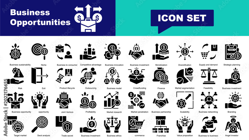 Fototapeta premium Business Opportunities icon set. Vector icons for Business sustainability, Target market, Business to consumer, Competitive advantage, Business innovation, Trust, Monetize, Diversification, Purchases,
