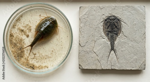 Conceptual composite comparing living tadpole shrimp with ancient stone fossil