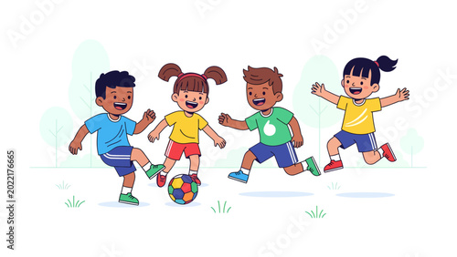 Cuadro en lienzo Youthful Soccer Game: A vibrant illustration showcasing a group of diverse children engrossed in an exhilarating soccer match, their faces etched with pure delight and boundless energy