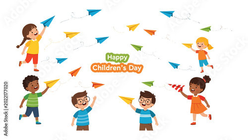 Tableau sur toile Joyful Flight: Cheerful children launch colorful paper airplanes, a vibrant display of creativity, freedom, and the innocent exuberance of youth during children's day