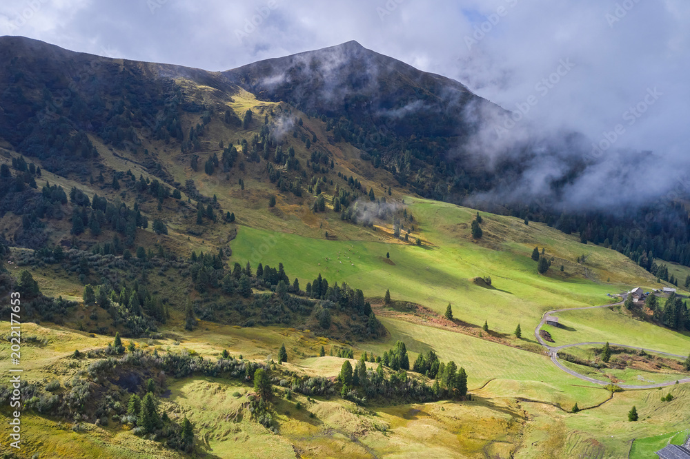 Obraz premium Aerial view on the autumn meadows of Seiser Alm. The Dolomite Alps, Italy