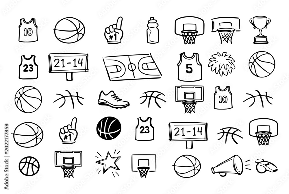 Fototapeta premium Basketball Doodle Icons Collection with Hand Drawn Sports Elements
