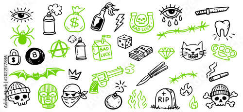 фотографія Grunge Doodle Icons Set with Punk Symbols and Hand Drawn Urban Elements