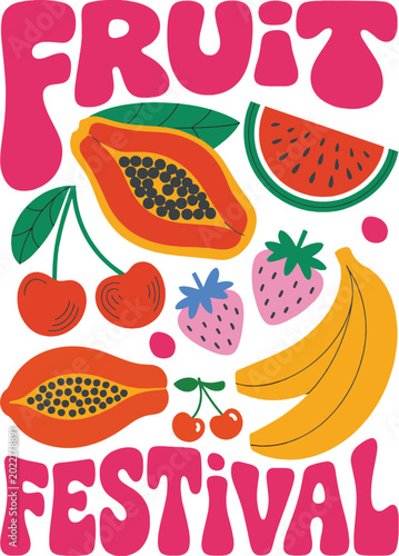 Retro Fruit Festival poster vector, colorful summer fruit illustration with papaya and banana, vintage 70s style organic food graphic for kitchen decor