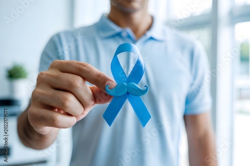 Men’s health awareness concept with blue ribbon and mustache symbol