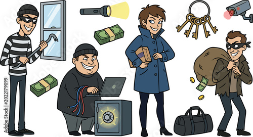 Fotografía Criminal Thief and Burglar Character Vector Set Featuring Heist Scenes with Safe