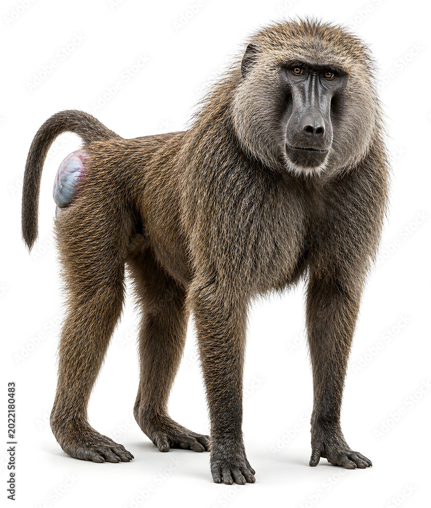 Fototapeta premium Olive Baboon Standing Full Body Isolated On White Background
