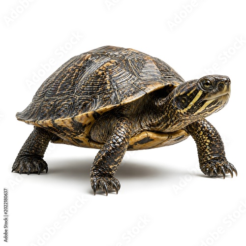 Pond Slider Turtle Walking Isolated On White Background