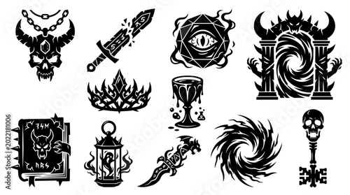 Silhouette vector icon set featuring dark fantasy game relics  cursed skull amulet  broken rune sword  floating eye crystal  ancient demon gate  shadow crown  poisoned chalice  spiked spell book  soul