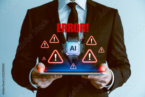 AI error warning concept with businessman holding tablet and artificial intelligence alert symbols