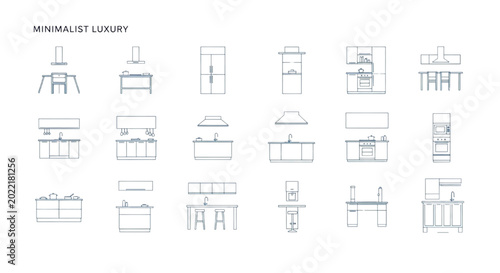 Minimalist luxury kitchen elevation vector icons for modern interior architectural plans