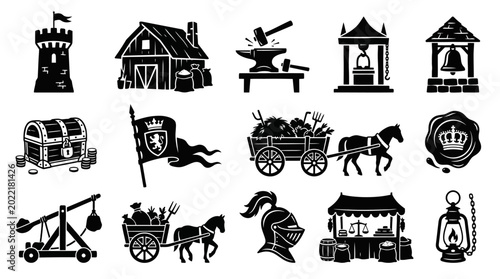 Silhouette vector icon set featuring medieval kingdom management game assets