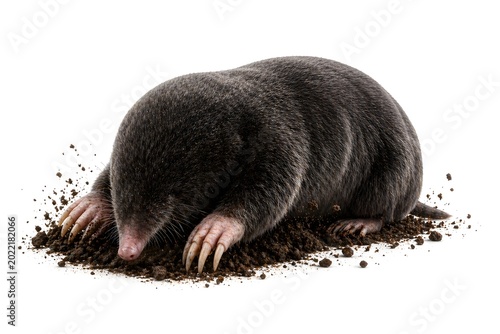 European Mole Digging in Dirt Isolated on White Background Stock Photo