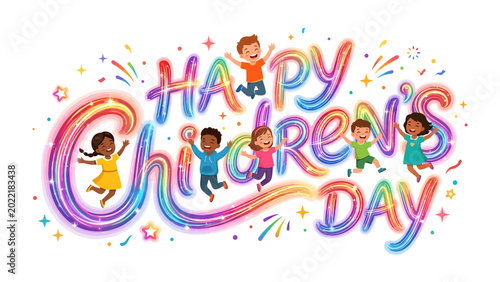 Cuadro en lienzo Joyful Children's Day Celebration: A vibrant and colorful illustration of children joyfully celebrating Children's Day, embodying happiness and youthful energy