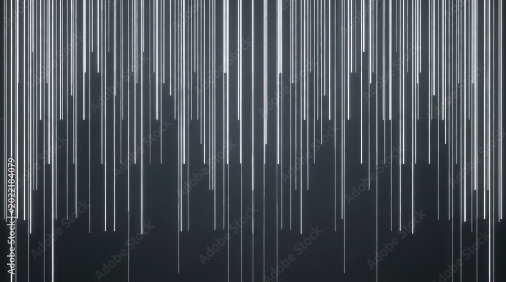 Obraz premium Abstract High-Tech Background with Glowing White Vertical Lines Falling Over Dark Gray Surface, Digital Data Stream Visualization Concept