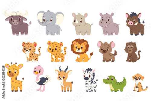 Canvas Print African Savanna Animals Collection, Cute Cartoon Safari Zoo Baby Animal Characte