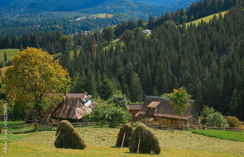 Picturesque mountain landscape. Ukrainian Carpathians. A cozy village lies in the valley below, surrounded by rolling green hills and misty mountain peaks. Bright traditional houses and untouched