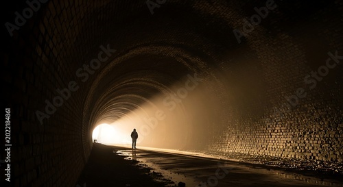 Silhouette of a person walking through a dark tunnel towards bright light