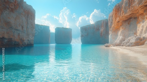 Cubic Rock Formations Reflecting Blue Sky and White Clouds on a Turquoise Ocean Shore