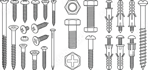 Schilderij op canvas Hand Drawn Screws Bolts Nuts and Wall Plugs Vector Illustration Set for Construc