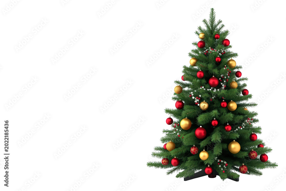 Fototapeta premium Christmas tree decorated with red and gold baubles, celebrating winter holidays and festive season with transparent background