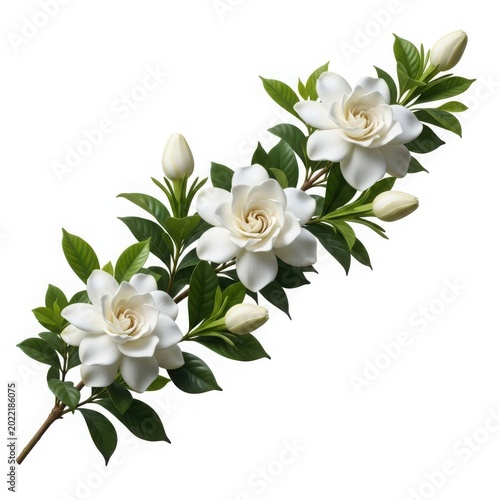 Gardenia flowers and buds on a stem with green leaves clipping path white background isolated object isolated flo