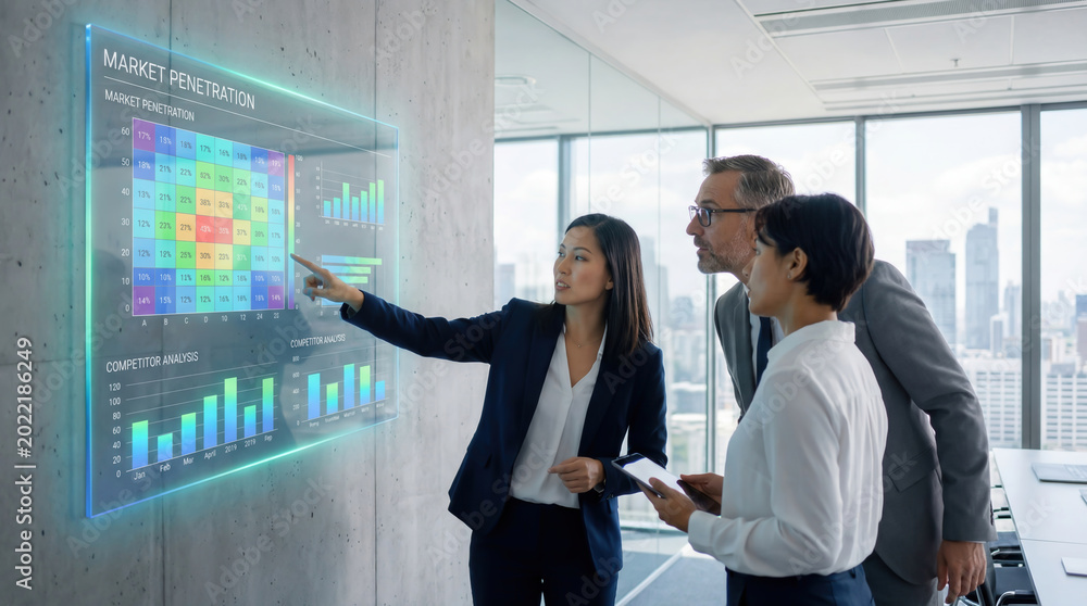 Fototapeta premium Business team reviews market penetration and competitor data on a digital analytics display in a modern office.