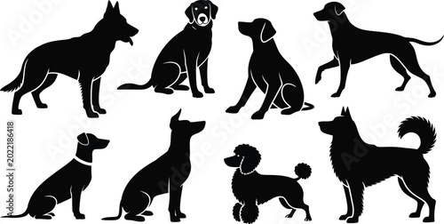 Bild auf Leinwand Set of black silhouettes of different dog breeds isolated on white