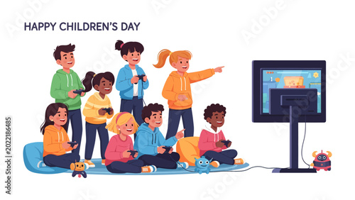 Slika na platnu Children's Day: A lively gathering of children engrossed in an exciting video game, sharing laughter and camaraderie on Children's Day