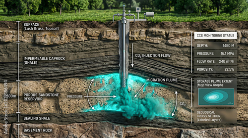 Geosequestration architecture visualizing underground CO2 dispersion within porous rock strata to support climate mitigation and driving market scalability.