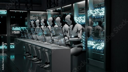 Looping robot in server room monitors systems via futuristic interface