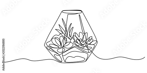 Photography Continuous line drawing of a small glass geometric terrarium with plants